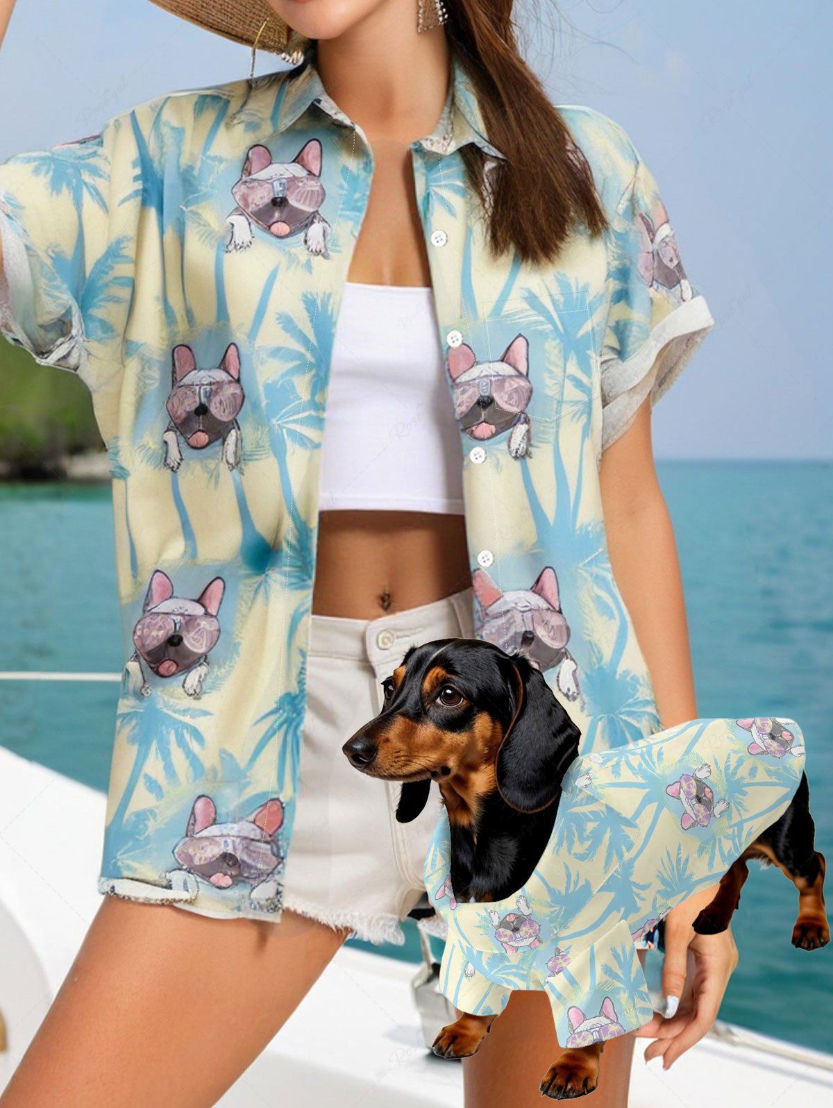 Chemises hawaïennes imprimées de cocotiers pour chiens Tenues assorties pour chien et propriétaire