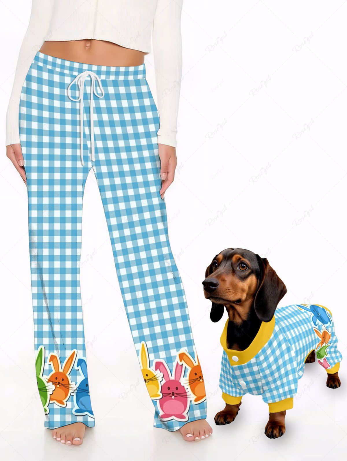 Pyjama imprimé lapin mignon à carreaux de Pâques, tenues assorties pour chien et propriétaire