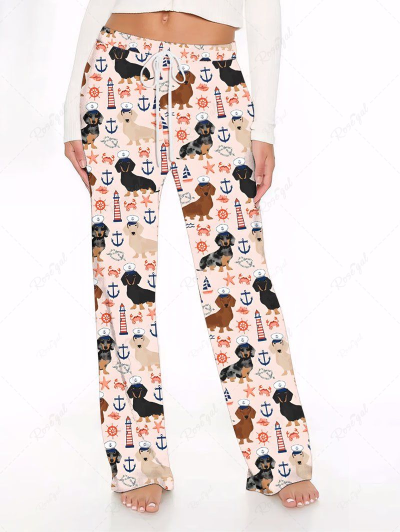 Plus Size Dog Sun Crab Anchor Printed Drawstring Cruise Wide Leg Pants