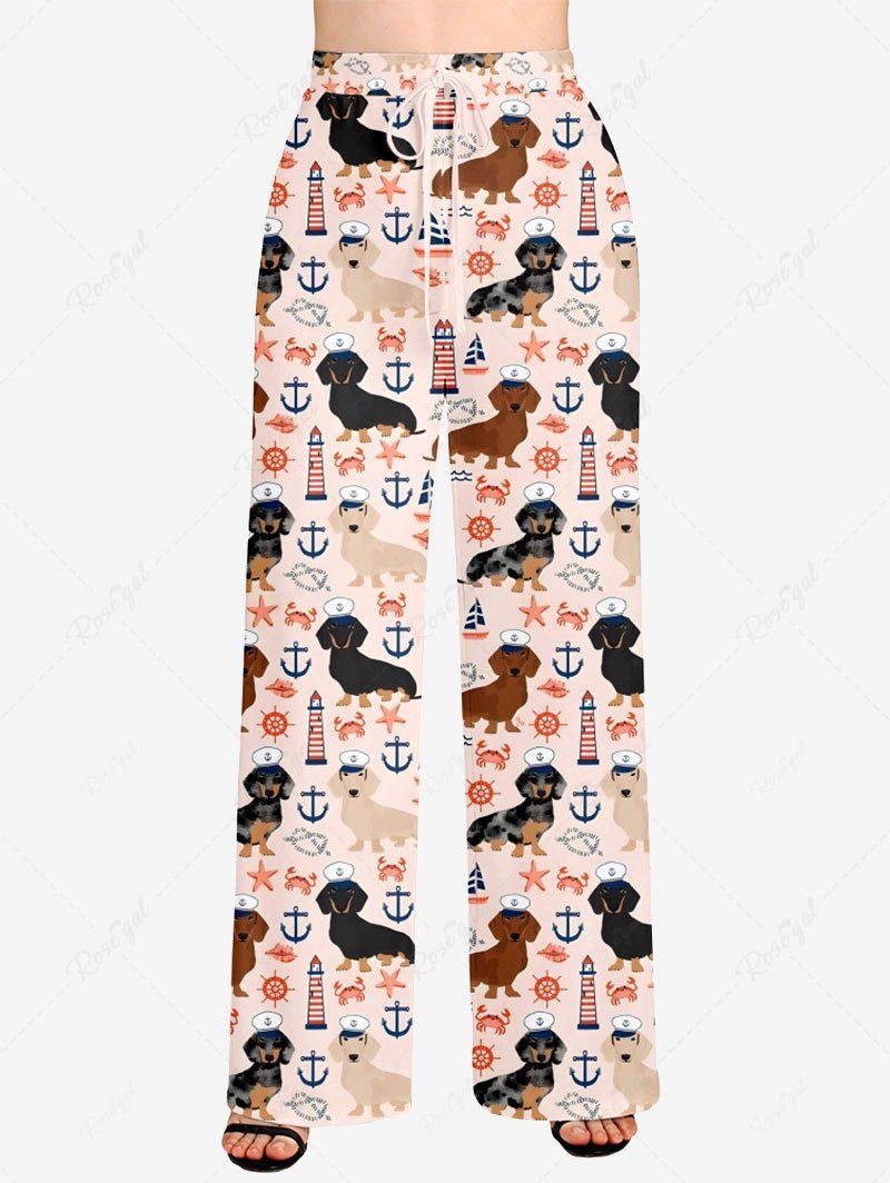 Plus Size Dog Sun Crab Anchor Printed Drawstring Cruise Wide Leg Pants