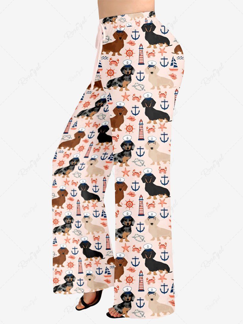Plus Size Dog Sun Crab Anchor Printed Drawstring Cruise Wide Leg Pants
