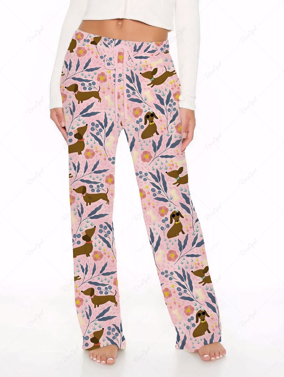 Puppy Floral Leaf Branch Print Pants Pajama Dog And Owner Matching Outfits
