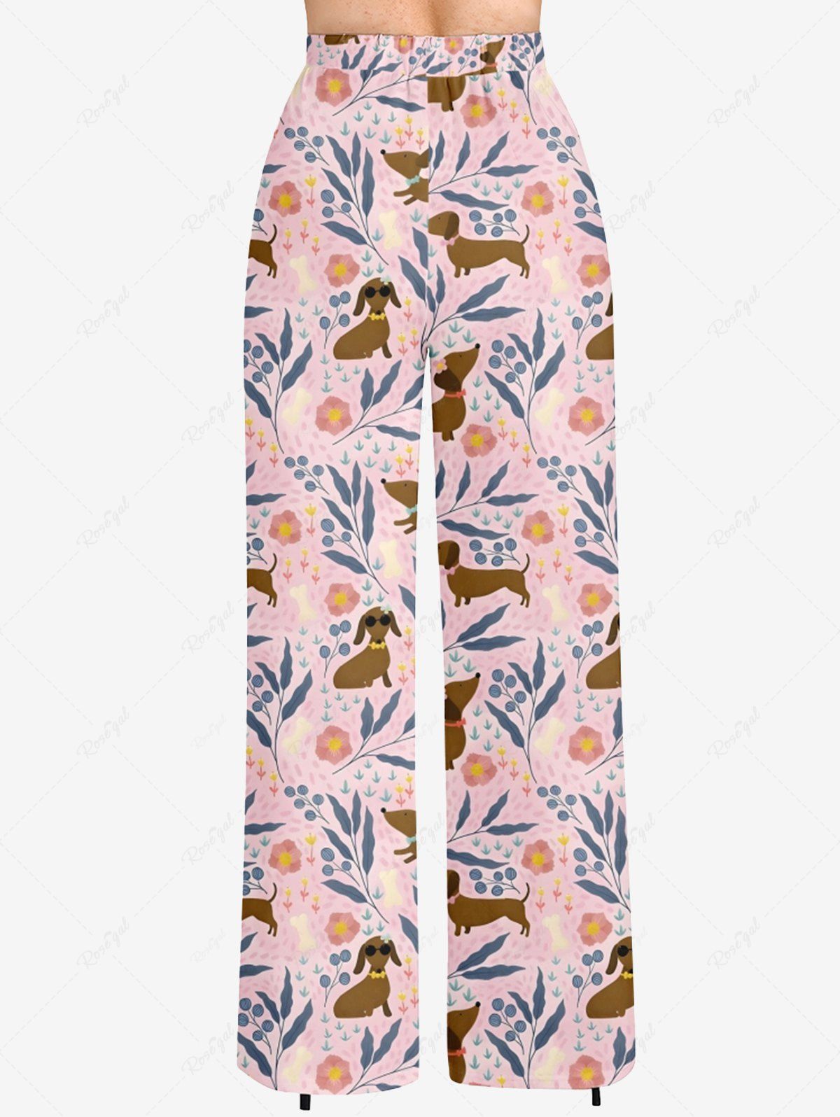 Plus Size Dog Floral Leaf Branch Printed Drawstring Wide Leg Pants