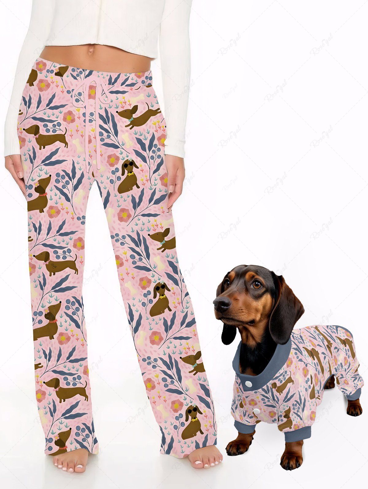 Puppy Floral Leaf Branch Print Pants Pajama Dog And Owner Matching Outfits
