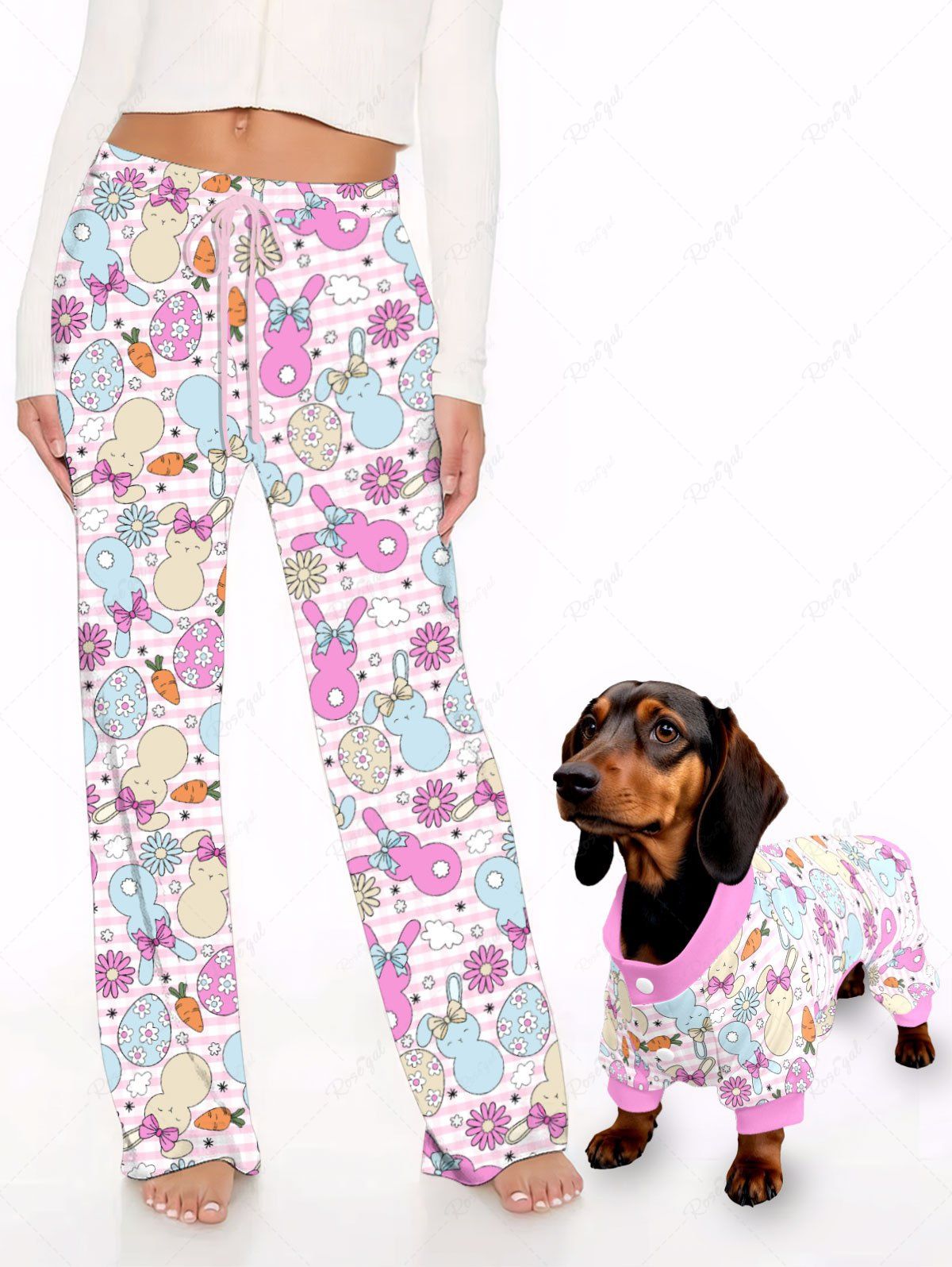 Easter Egg Rabbit Carrot Flower Printed Pajama and Pants Dog and Owner Matching Outfits