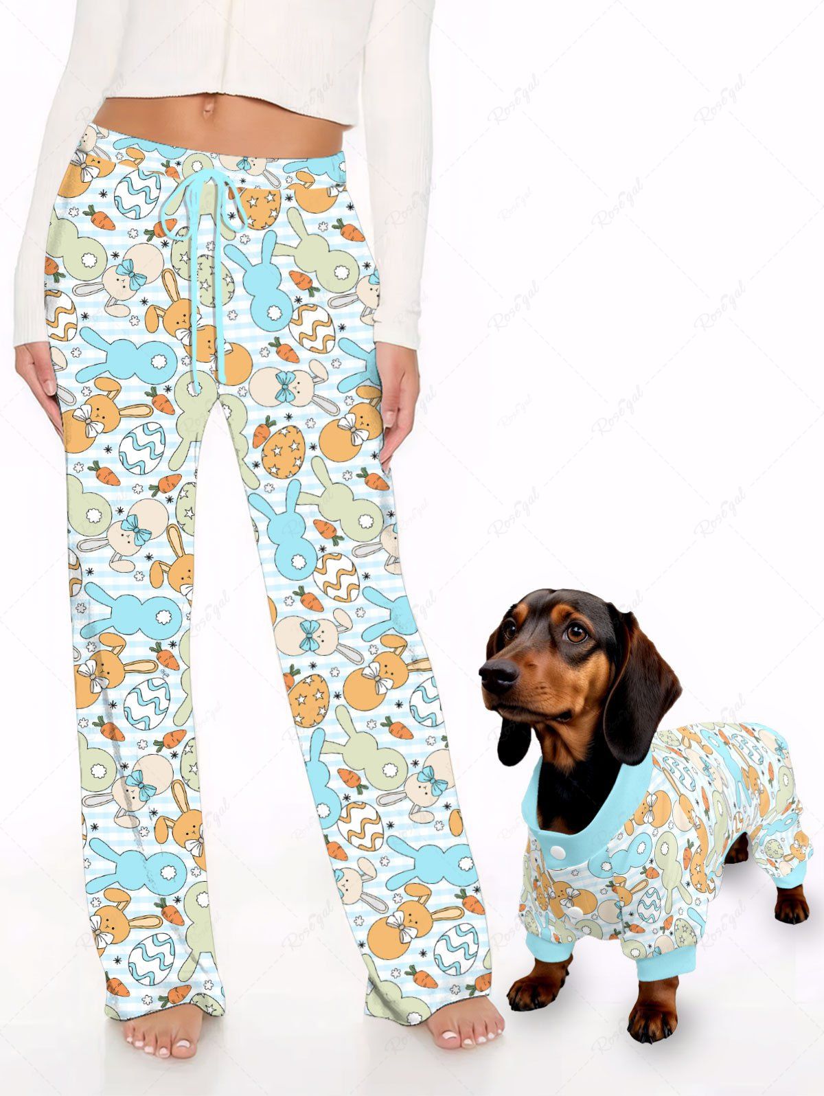 Pyjama et pantalon imprimés lapin et carotte de Pâques pour chien et propriétaire