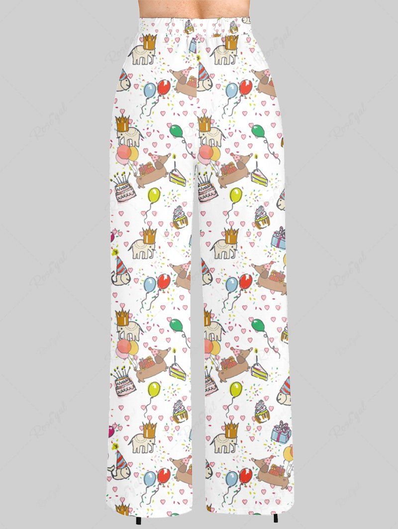 Plus Size Cake Elephant Heart Gift Box Balloon Printed Drawstring Wide Leg Pants