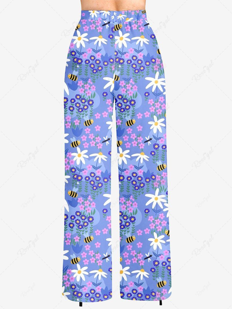Plus Size Colorful Flower Bee Printed Drawstring Wide Leg Pants