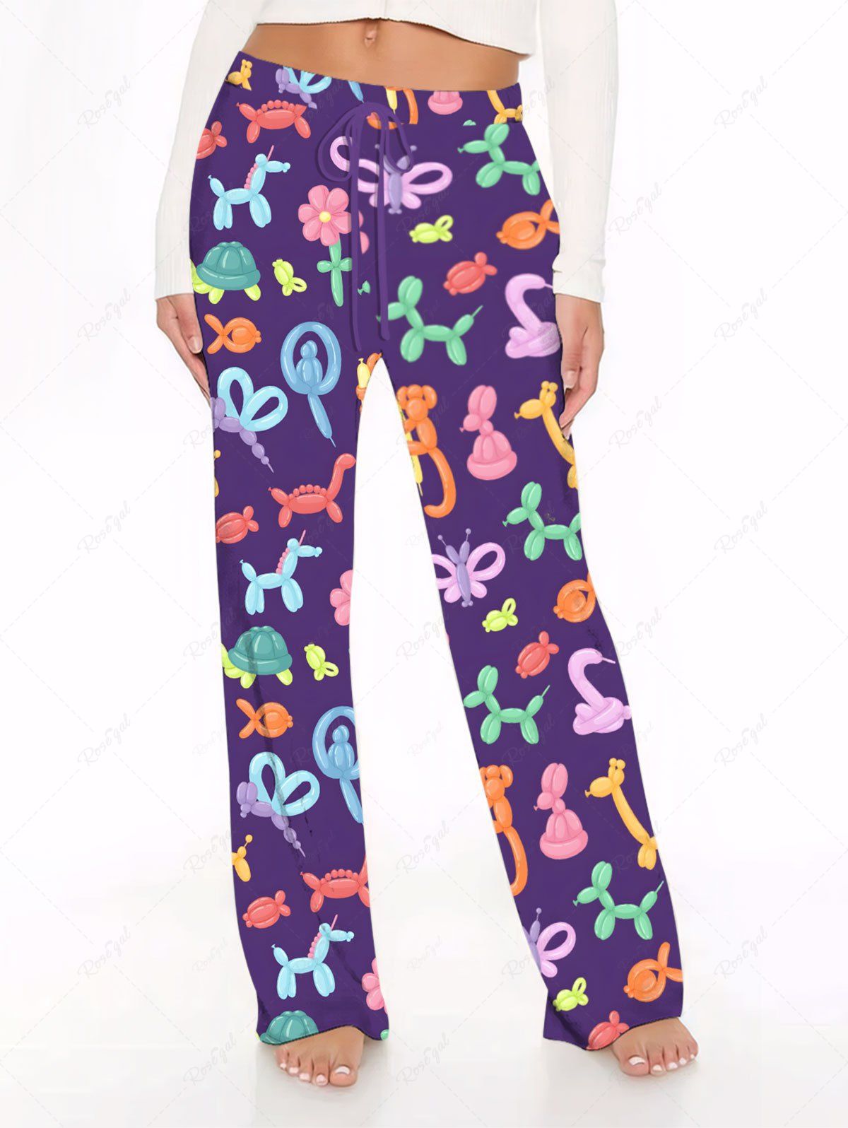 Plus Size Colorful Balloon Horse Butterfly Turtle Monkey Flower Printed Drawstring Wide Leg Pants