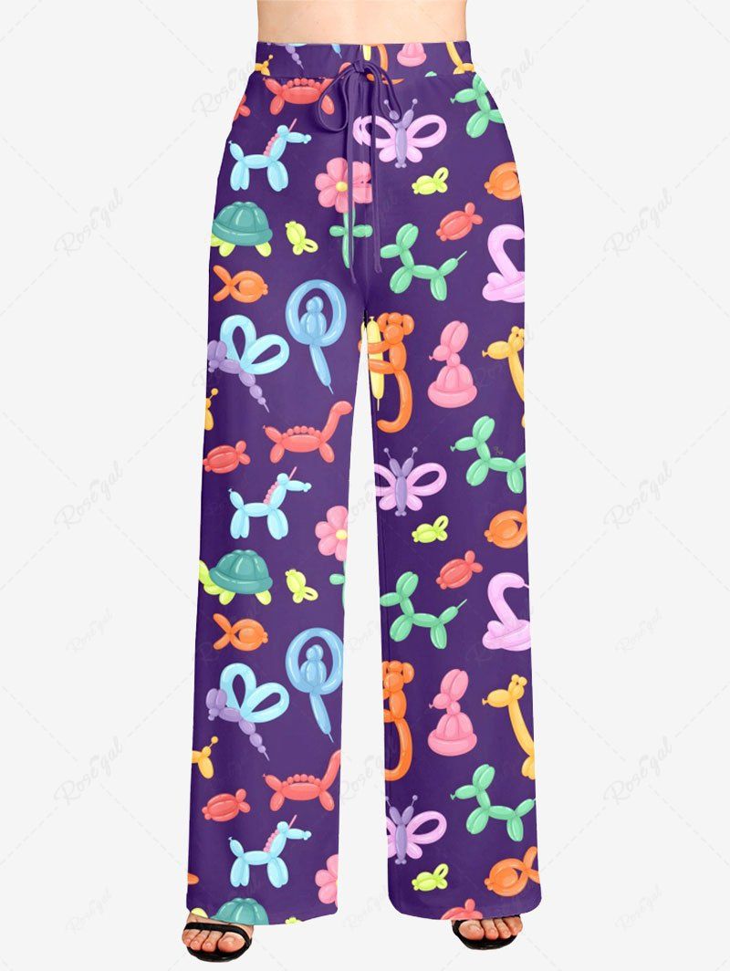 Plus Size Colorful Balloon Horse Butterfly Turtle Monkey Flower Printed Drawstring Wide Leg Pants