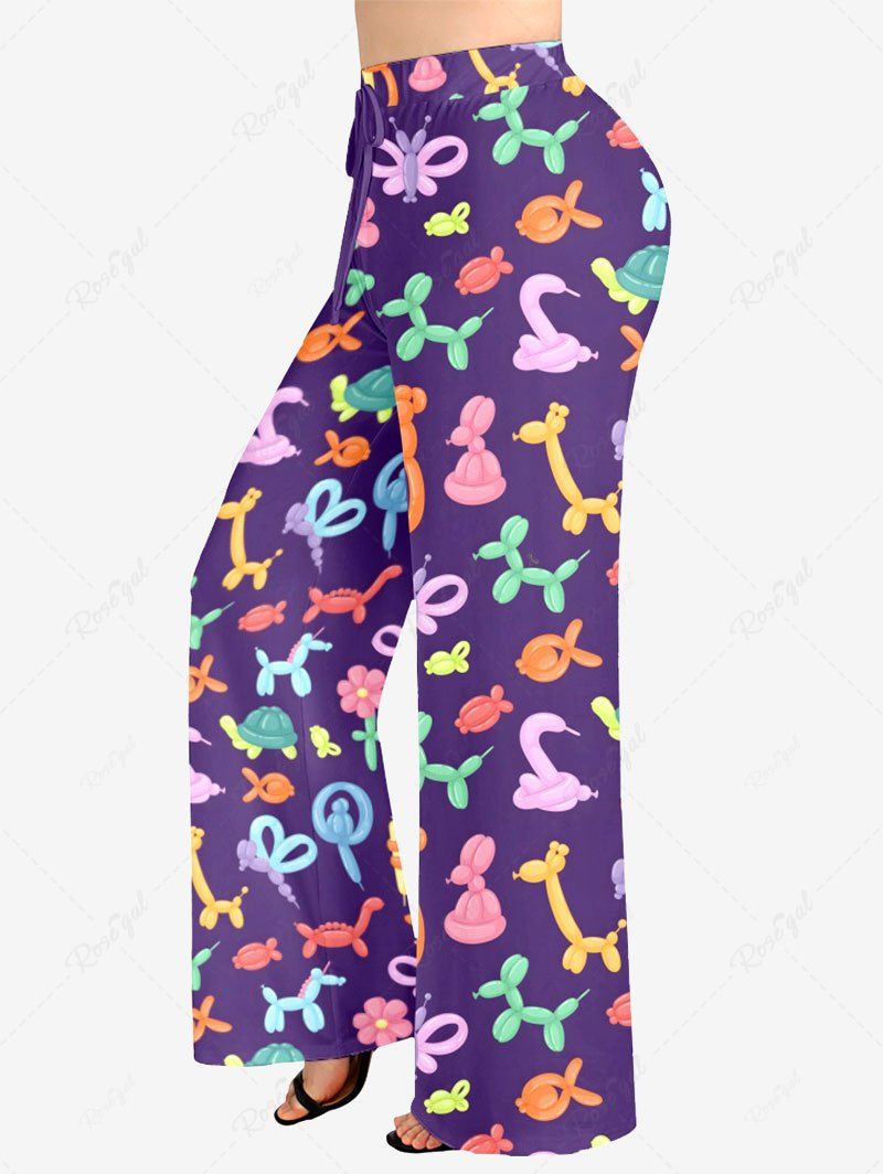 Plus Size Colorful Balloon Horse Butterfly Turtle Monkey Flower Printed Drawstring Wide Leg Pants