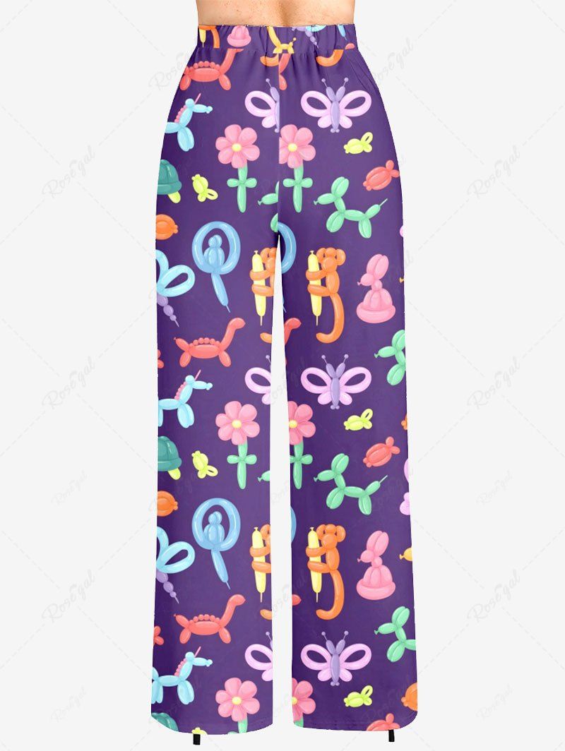 Plus Size Colorful Balloon Horse Butterfly Turtle Monkey Flower Printed Drawstring Wide Leg Pants