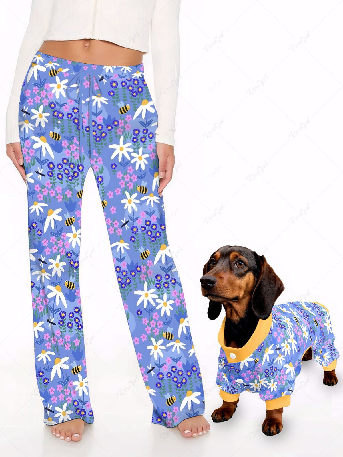 Colorful Flower Bee Print Pajama Pants Dog And Owner Matching Outfits