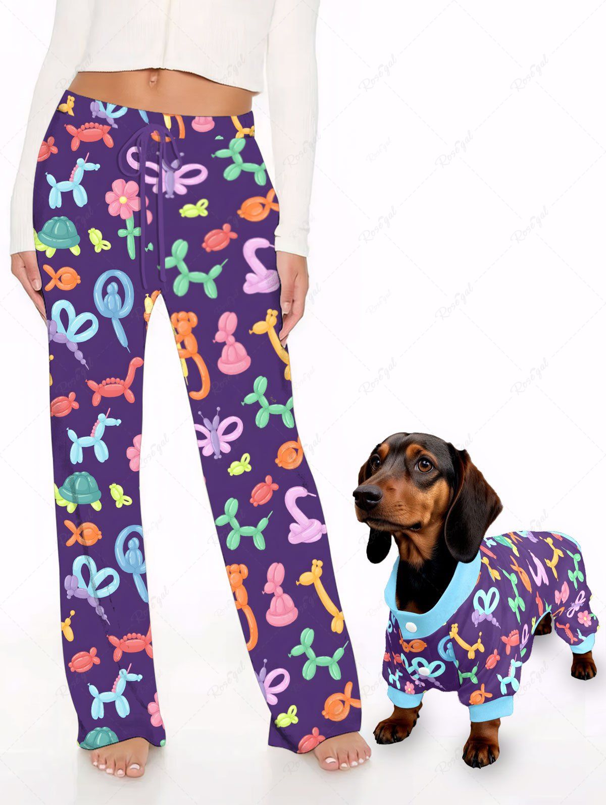 Colorful Balloon Horse Butterfly Turtle Monkey Flower Print Pants Pajama Dog And Owner Matching Outfits