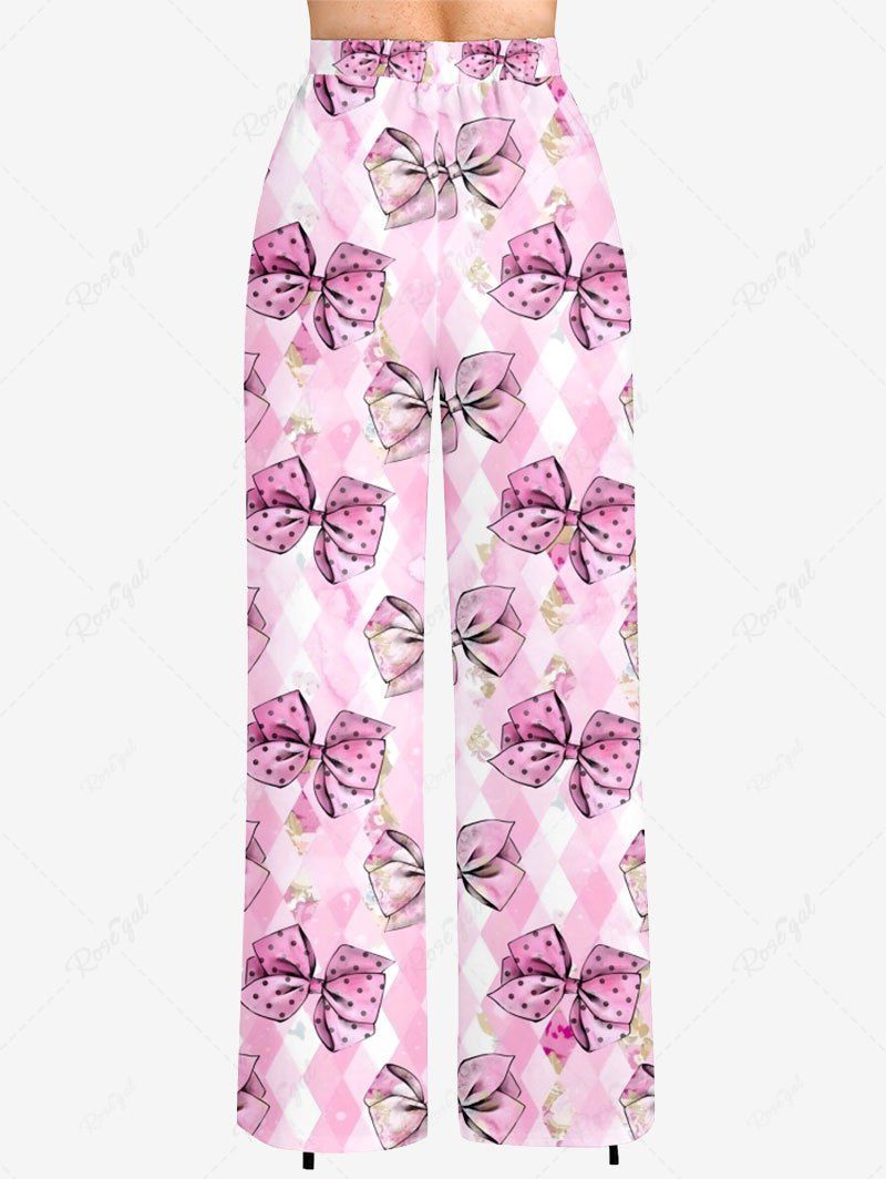 Plus Size Bowknot Argyle Plaid Printed Drawstring Wide Leg Pants