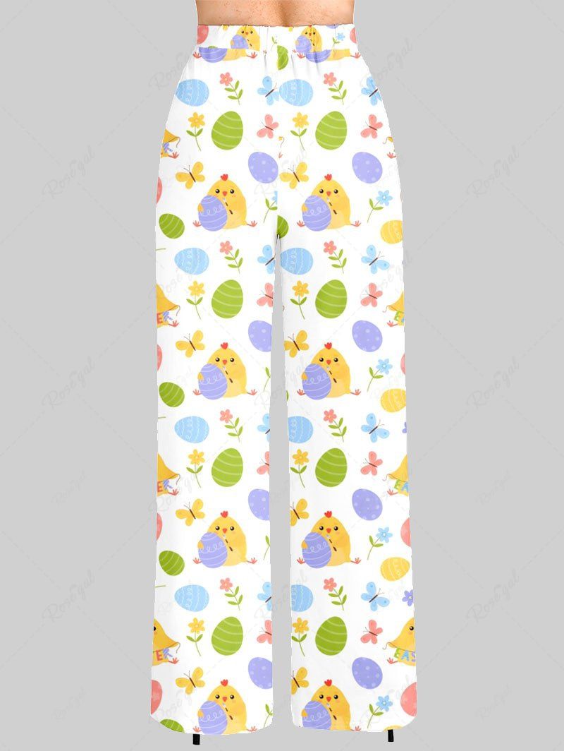 Plus Size Easter Egg Chick Flower Butterfly Printed Drawstring Wide Leg Pants