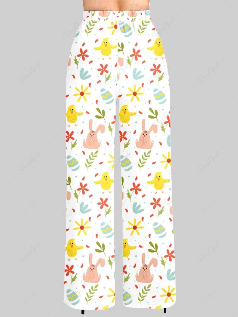 Plus Size Easter Egg Chick Rabbit Flowers Printed Drawstring Wide Leg Pants