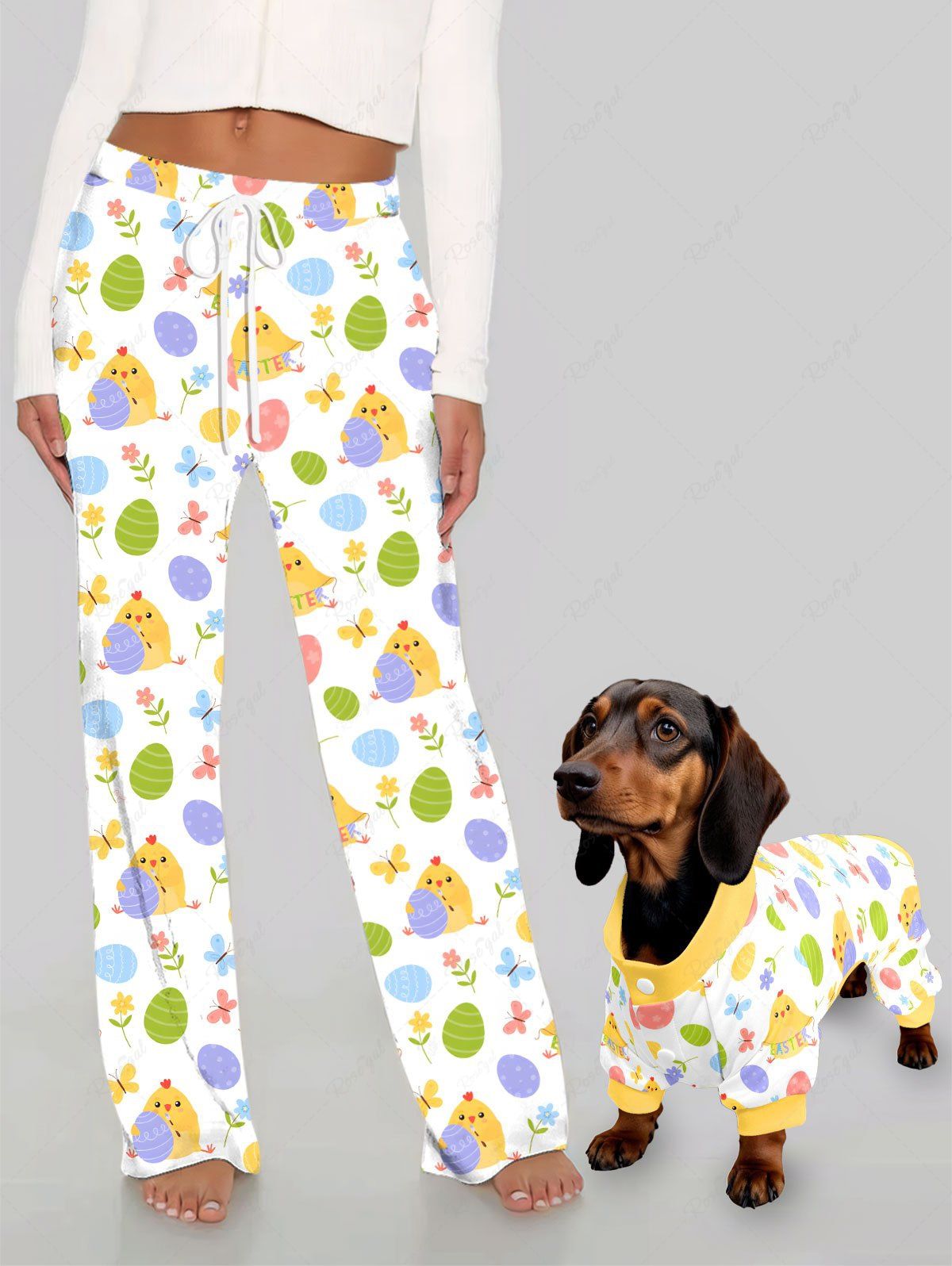 Pyjama et pantalon imprimés œuf de Pâques, poussin, fleur et papillon, tenues assorties pour chien et propriétaire