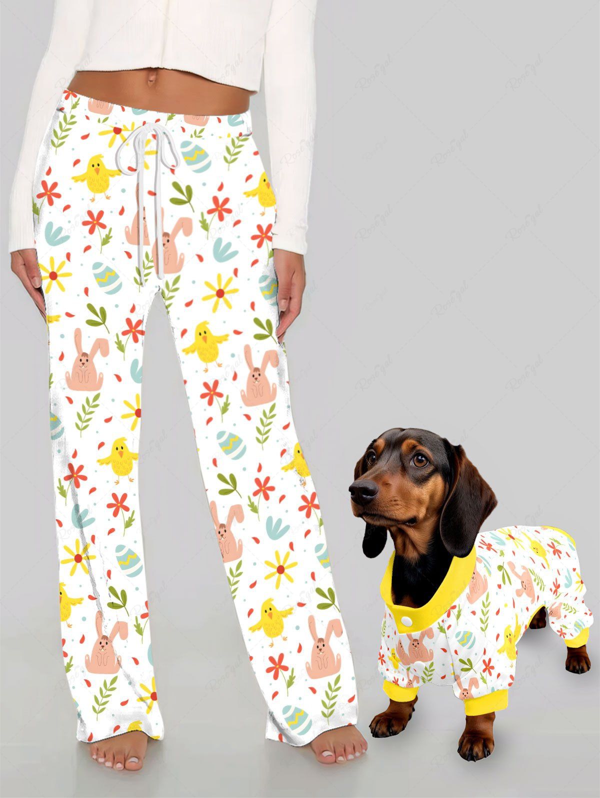 Pyjama et pantalon imprimés œuf de Pâques, poussin, lapin, fleurs, tenues assorties pour chien et propriétaire
