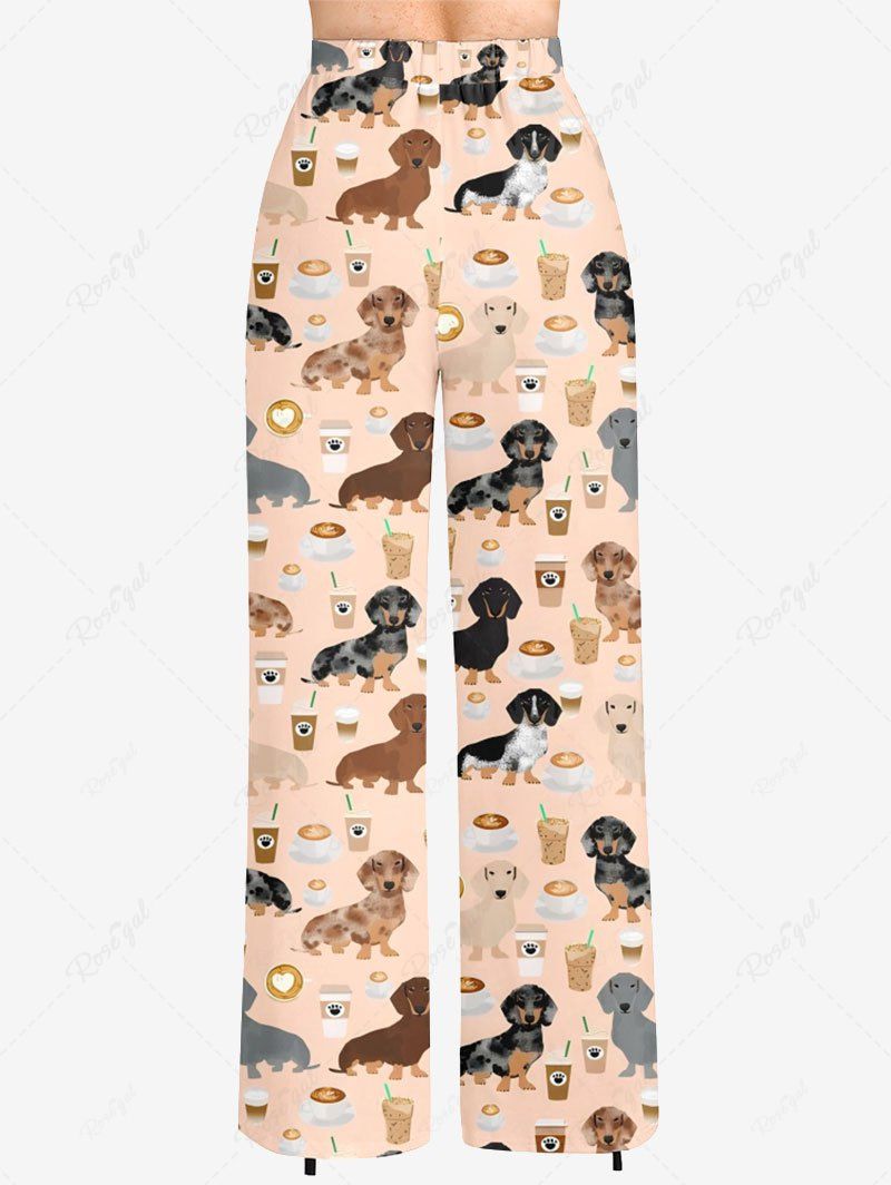 Plus Size Dogs Coffee Fruit Juice Printed Drawstring Wide Leg Pants