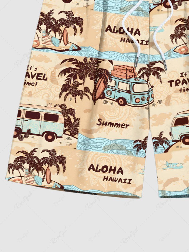 Plus Size Coconut Tree Bus Sea Waves Seascape Printed Hawaii Beach Shorts For Men