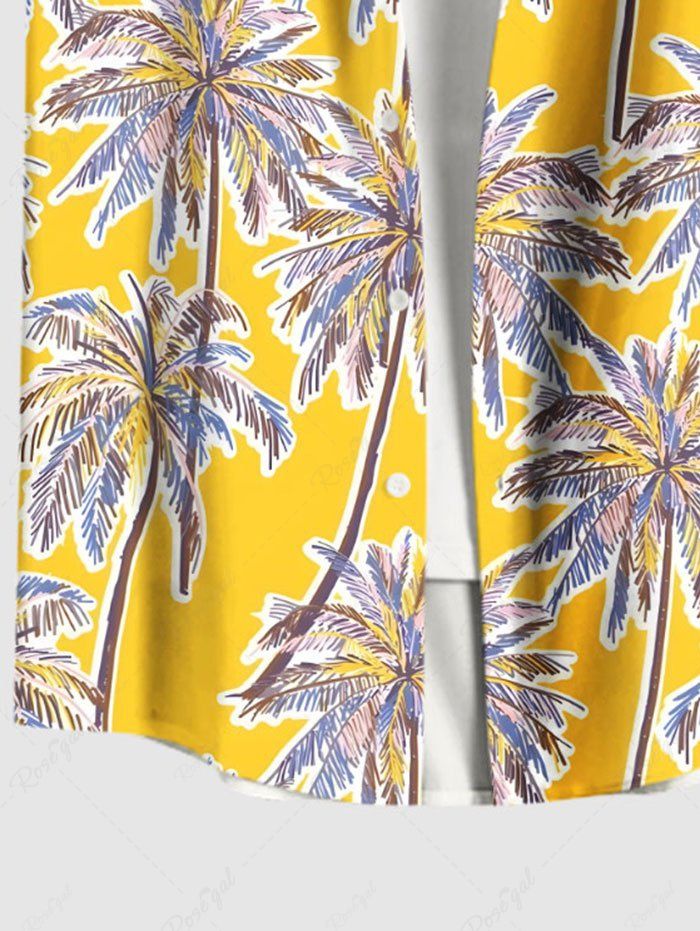 Plus Size Coconut Tree Printed Hawaii Button Pocket Shirt For Men