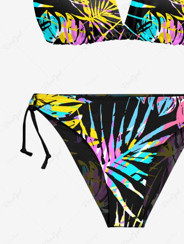 Paint Splatter Tropical Leaf Printed Halter Cinched Tie Bikini Set