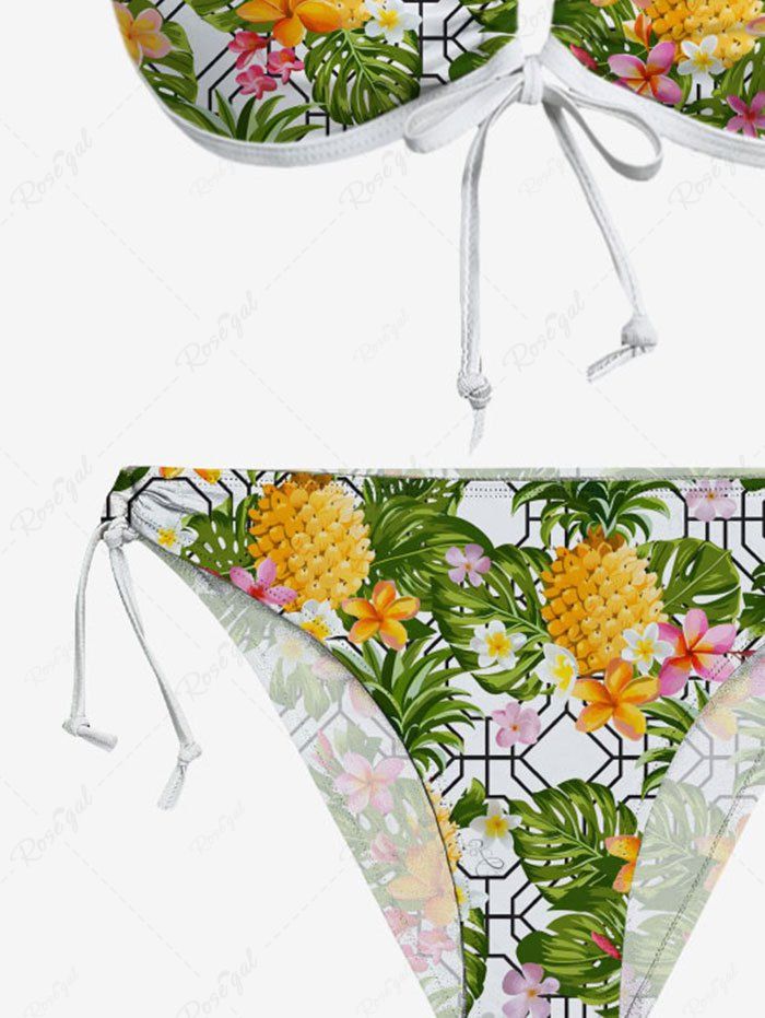 Floral Tropical Leaves Pineapple Geometric Graphic Printed Hawaii Cinched Halter Backless Bikini Set