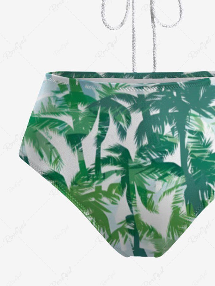 Tropical Coconut Tree Printed Drawstring Hollow Out Hawaii Tankini Swimsuit
