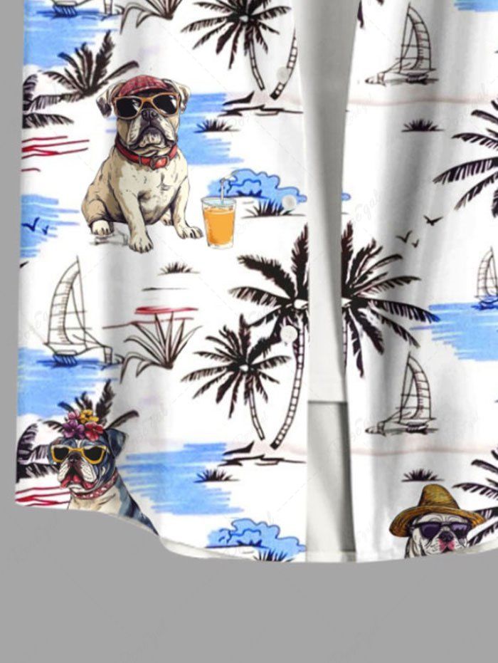 Plus Size Coconut Tree Dogs Fruit Juice Saliboat Printed Buttons Pocket Hawaii Shirt For Men