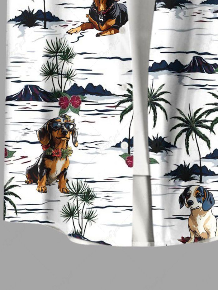 Plus Size Coconut Tree Dog Printed Buttons Pocket Hawaii Shirt For Men