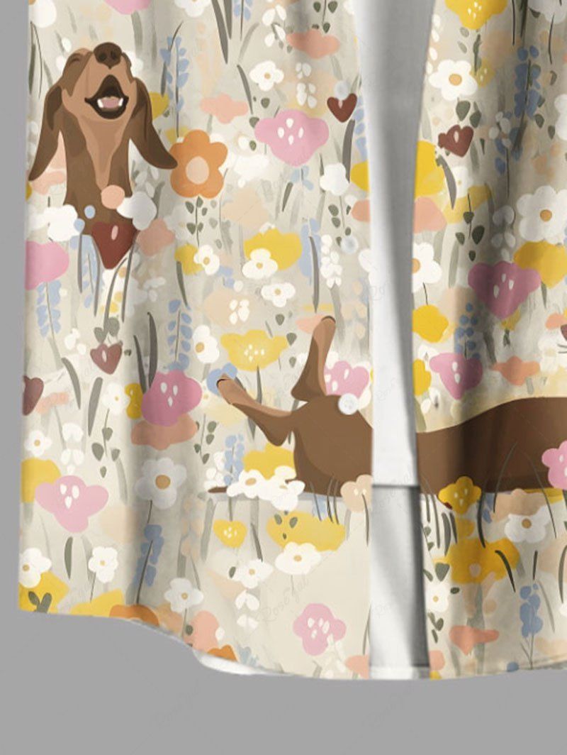 Plus Size Colorful Flowers Cute Dog Printed Button Pocket Shirt For Men