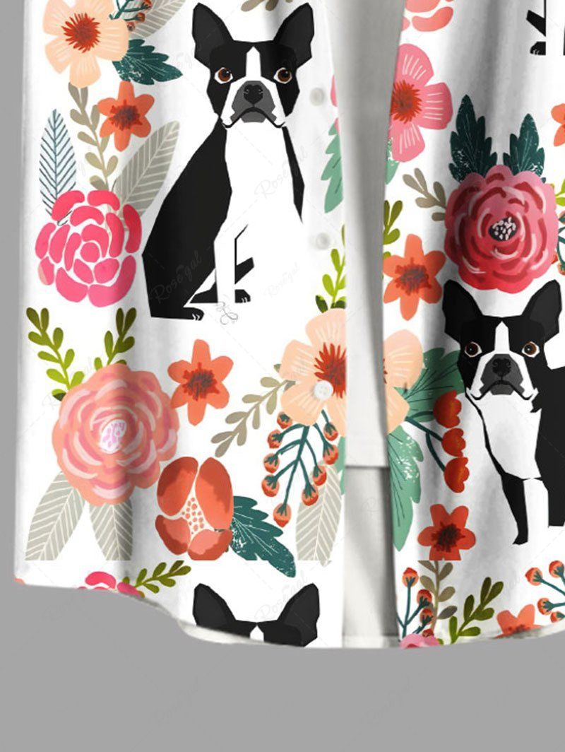 Plus Size Flower Leaf Dog Printed Button Pocket Shirt For Men