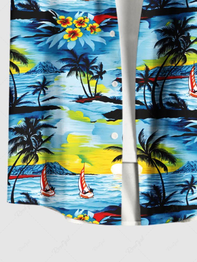 Plus Size Coconut Tree Flower Sailboat Seascape Printed Buttons Pocket Hawaii Women Shirt