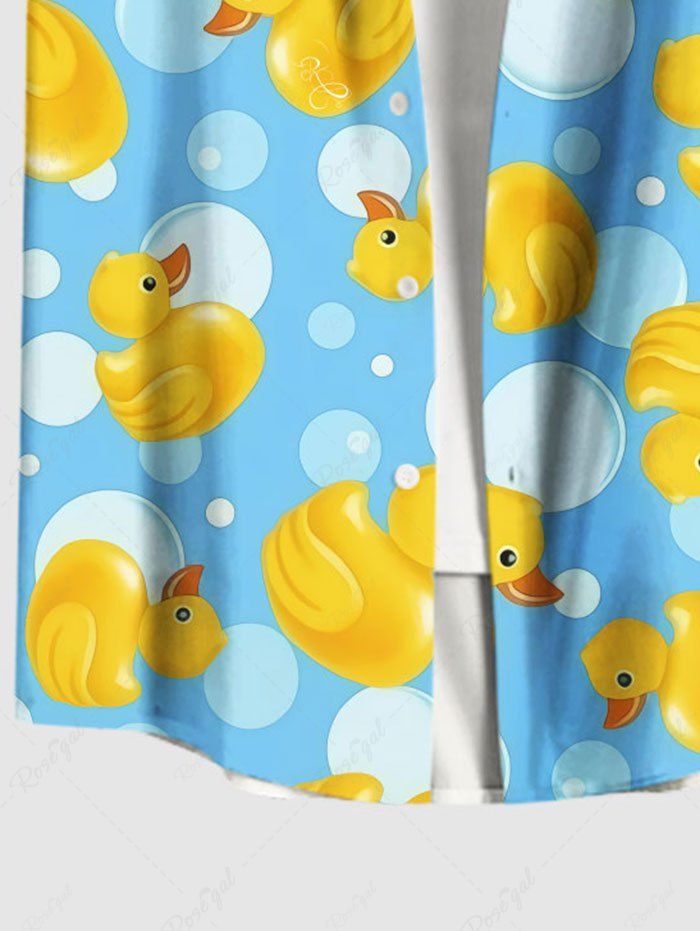 Plus Size Cute Duck Bubble Printed Hawaii Button Pocket Shirt For Men