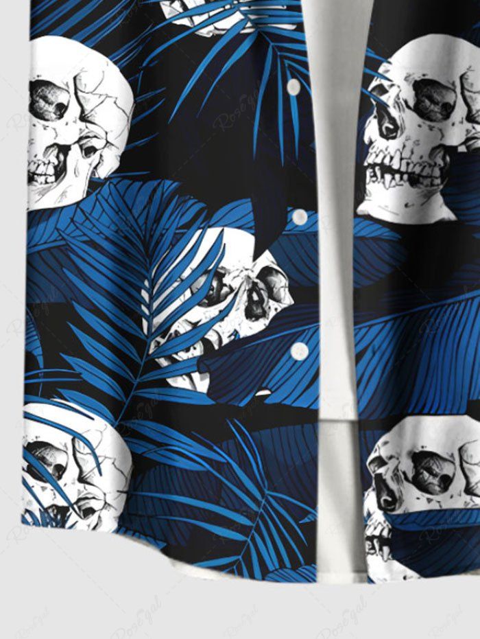 Plus Size Skulls Tropical Leaf Printed Buttons Pocket Hawaii Women Shirt