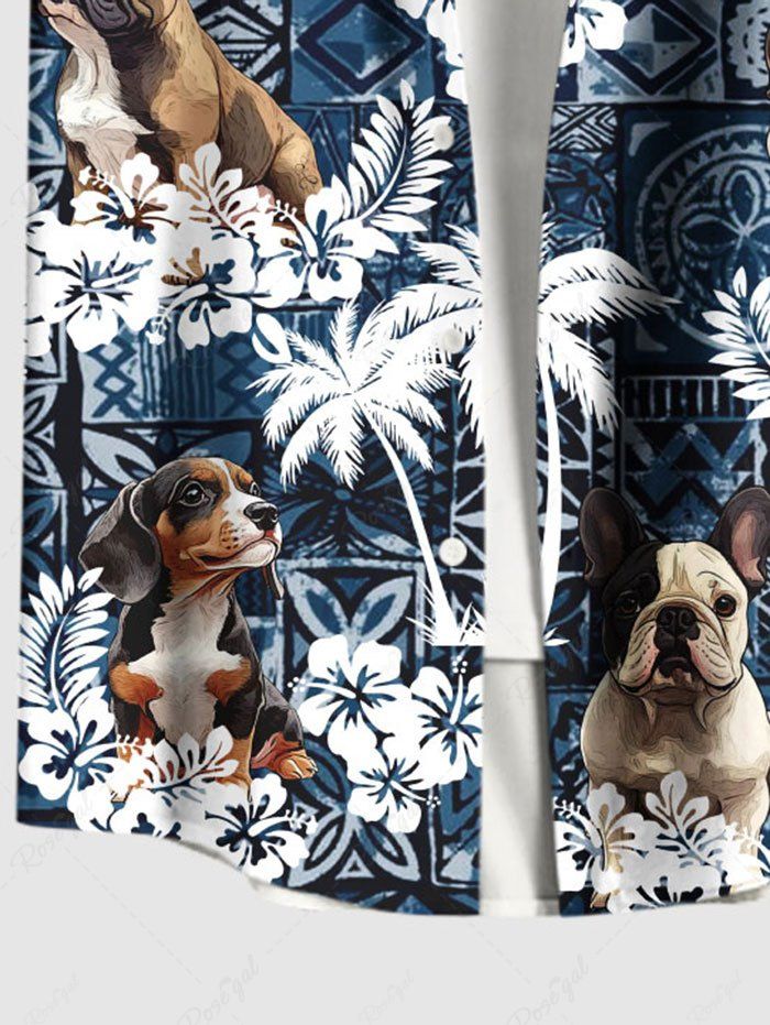 Plus Size Coconut Tree Floral Dog Geometric Ethnic Printed Hawaii Button Pocket Shirt For Men