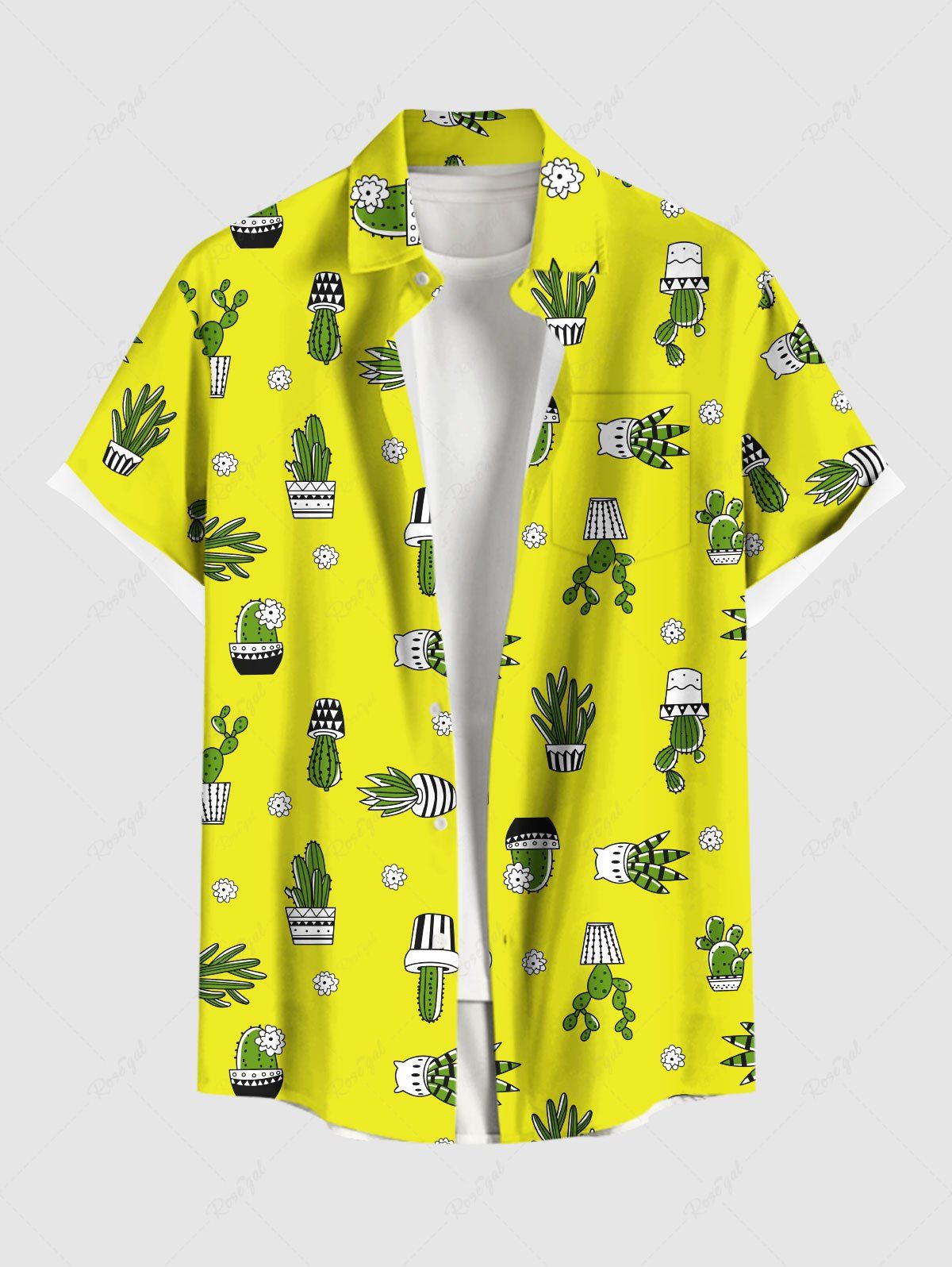 Plus Size Cactus Potted Plants Flowers Printed Buttons Pocket Hawaii Women Shirt
