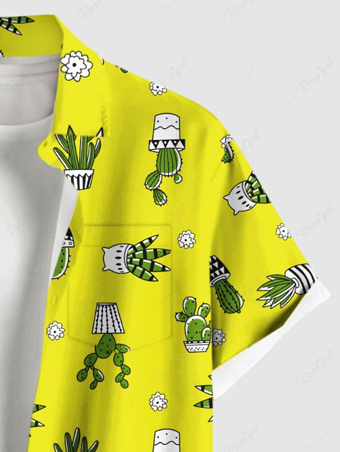 Plus Size Cactus Potted Plants Flowers Printed Buttons Pocket Hawaii Women Shirt