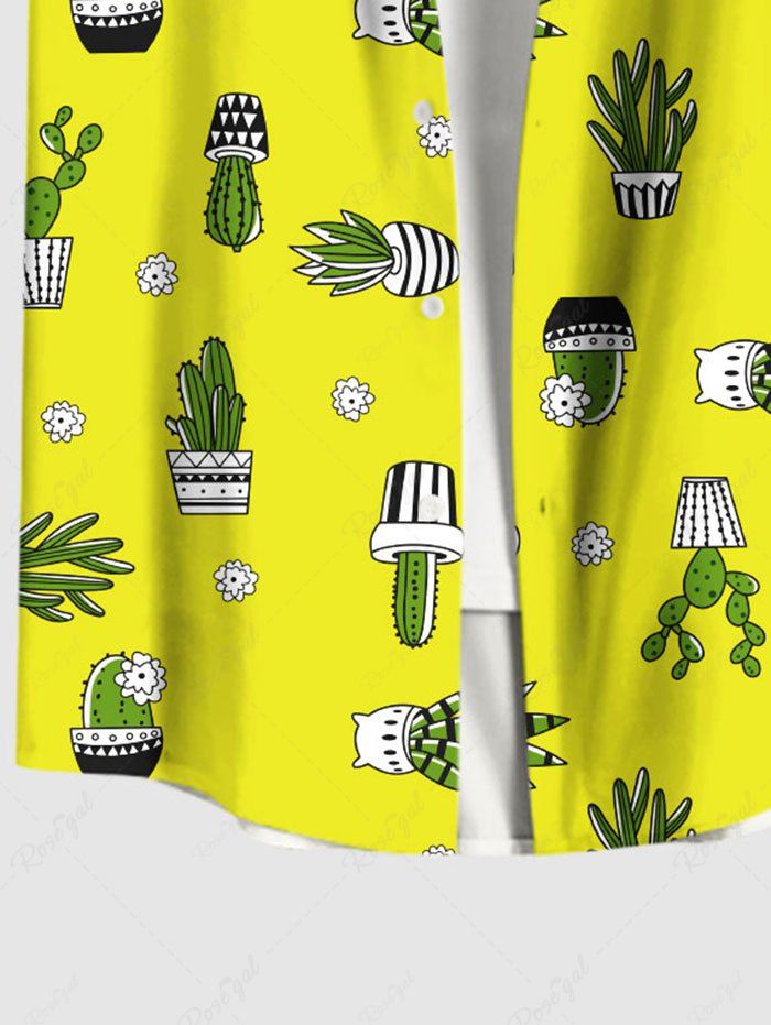 Plus Size Cactus Potted Plants Flowers Printed Buttons Pocket Hawaii Women Shirt