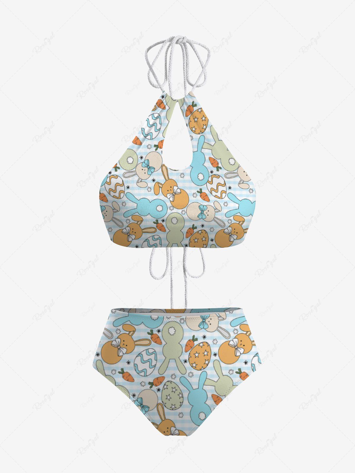 Waves Bunny Carrot Easter Egg Printed Tie Tankini Swimsuit
