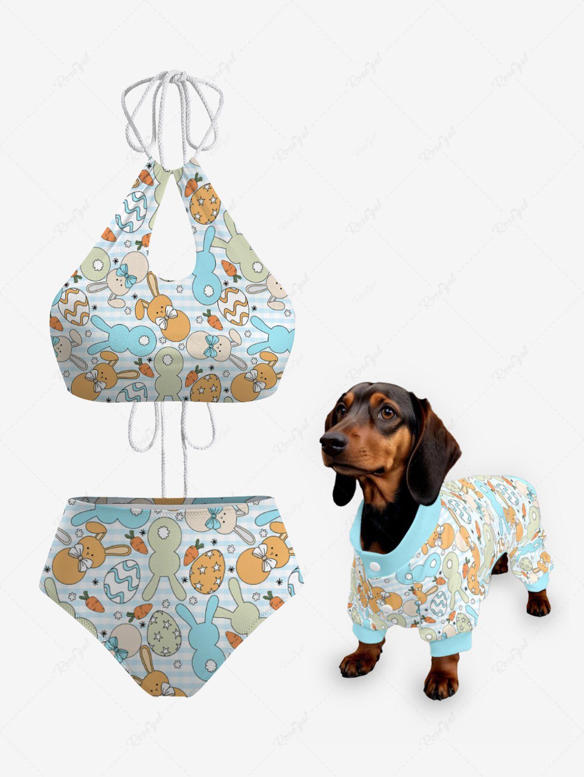 Waves Bunny Carrot Easter Egg Print Tankini Pajama Dog And Owner Matching Outfits