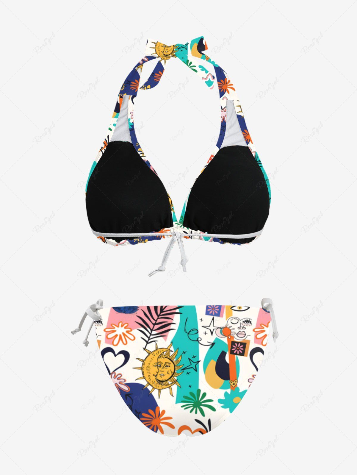 Colorful Sun Moon Tropical Leaves Colorblock Print Hawaii Bikini Shirt Dog And Owner Matching Outfits