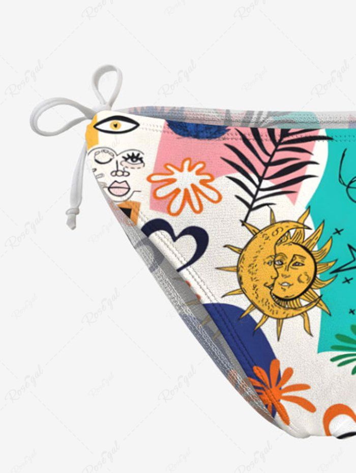Colorful Sun Moon Floral Heart Tropical Leaves Colorblock Printed Hawaii Plunging Halter Backless Bikini Set