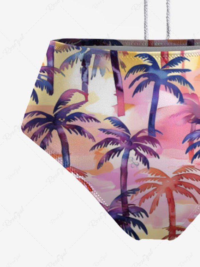 Ombre Coconut Tree Printed Hawaii Hollow Out Halter Backless Tankini Swimsuit