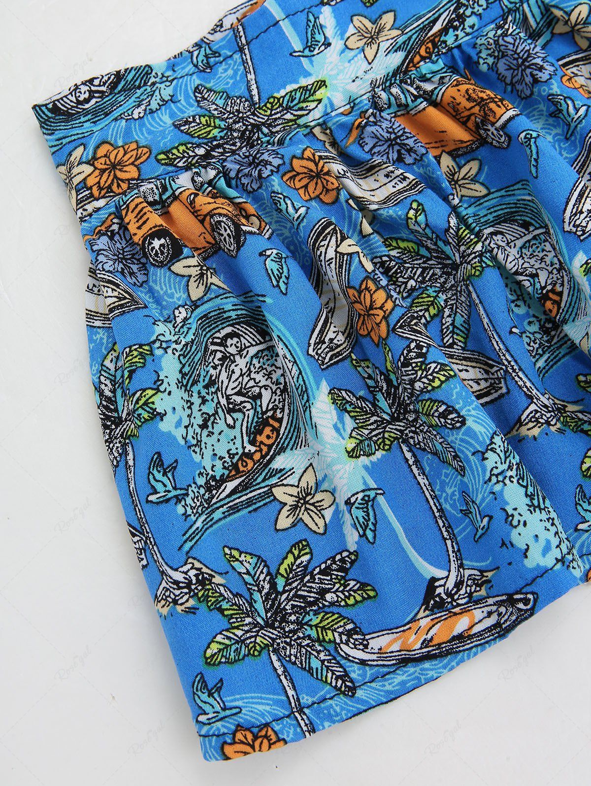 Pet's Coconut Tree Sea Wave Surfer Floral Boat Printed Hawaii Velcro Halter Skirt Bikini Set