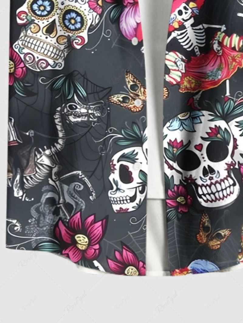 Plus Size Lotus Flowers Skulls Skeleton Butterfly Printed Buttons Pocket Women Shirt