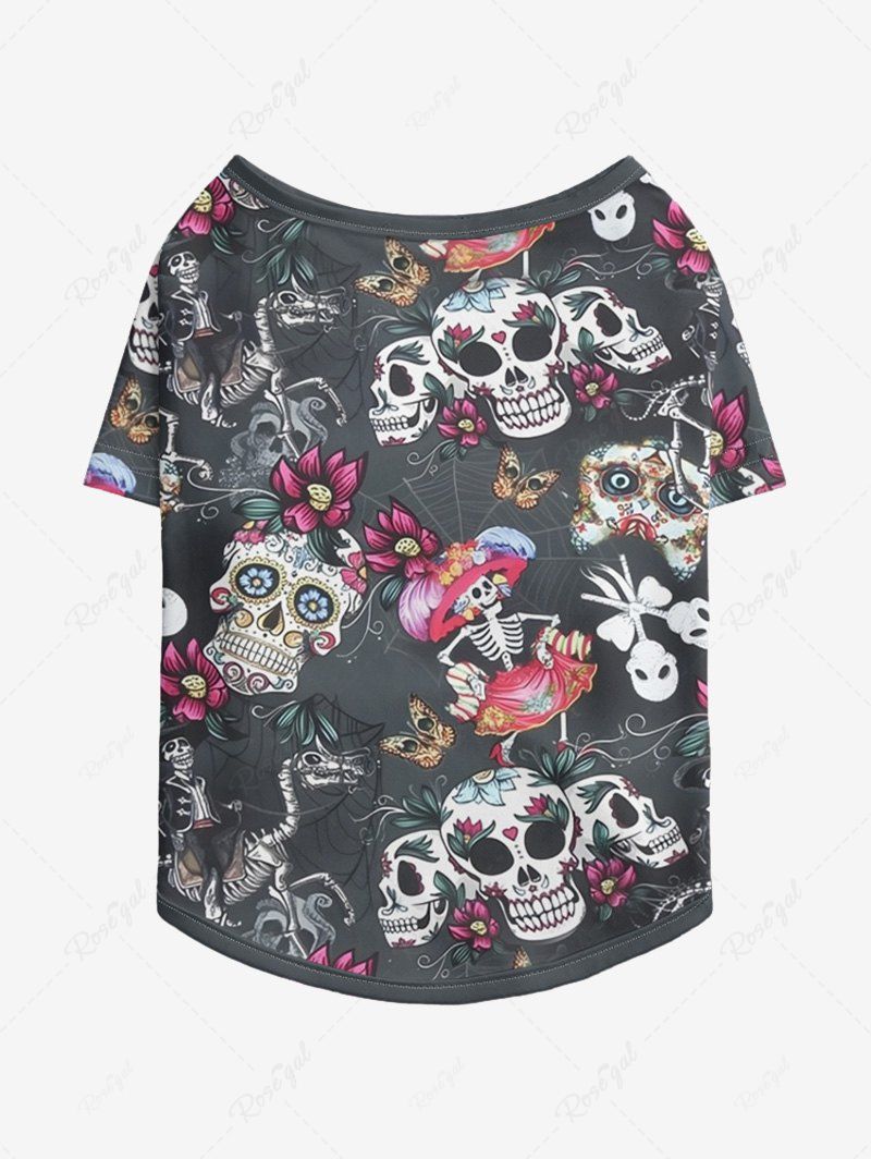 Pet's Lotus Flowers Skulls Skeleton Butterfly Printed T-shirt