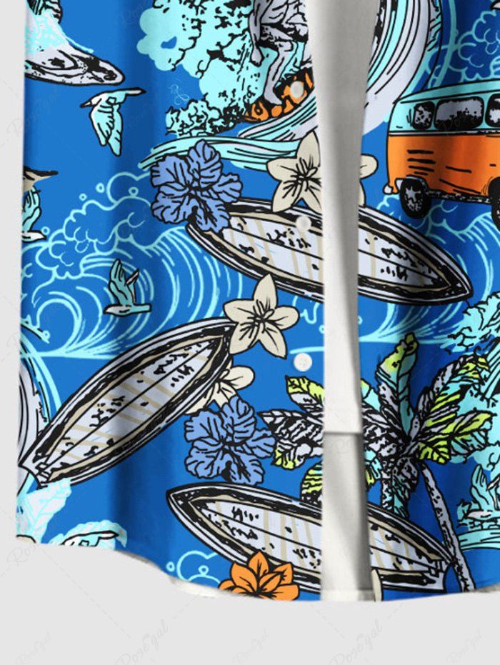 Plus Size Sea Wave Surfer Bus Boat Floral Printed Hawaii Button Pocket Shirt For Men