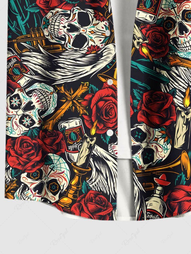 Plus Size Rose Flower Skulls Candle Printed Buttons Pocket Women Shirt